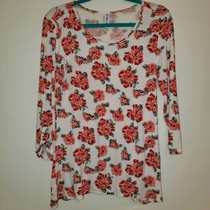 STUDIO Long Sleeve Floral Scoop Neck Flowy Blouse White with Pink Roses 172